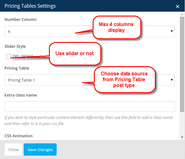 Pricing Table setting